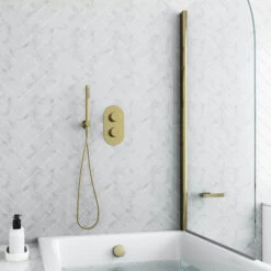 Harbour Clarity Brushed Brass Shower Package With 2 Outlet Valve, Wall Shower Kit And Overflow Bath Filler -Vado Sale Store harbour clarity shower valve wall handset and filler brushed brass pack lifestyle