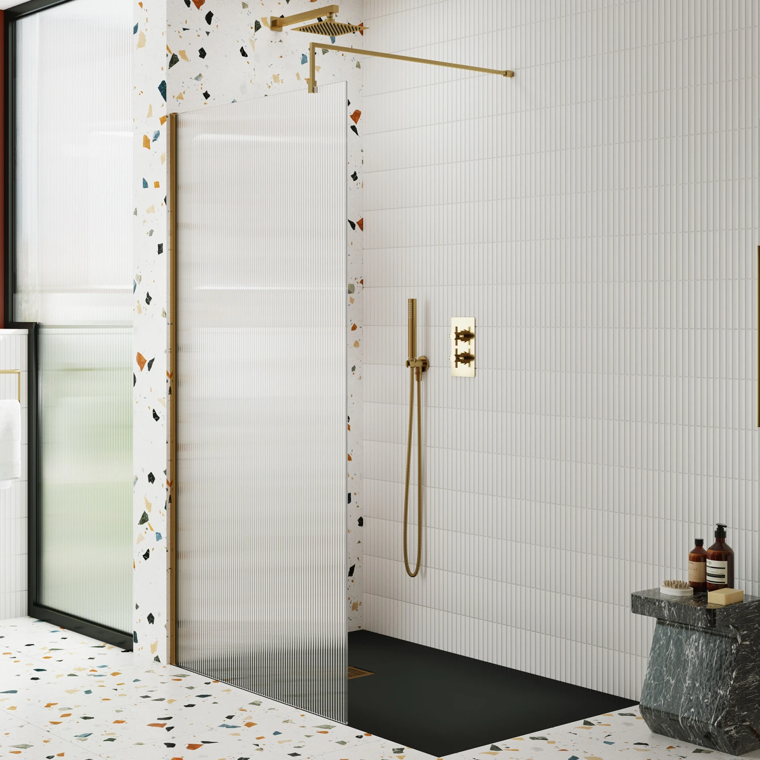Harbour Contour Fluted Brushed Brass Glass Screen For Walk In Shower & Wetrooms - 1000mm 3 Harbour Contour Fluted Brushed Brass Glass Screen For Walk In Shower & Wetrooms - 1000mm