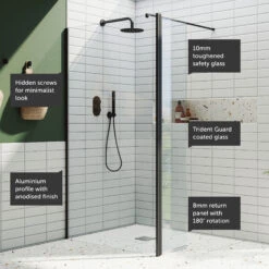 Harbour I10 10mm Easy Clean 2m Tall 1000mm Wetroom Panel & Hinged Return Panel - Matt Black -Vado Sale Store harbour i10 shower panel with return black feature call outs