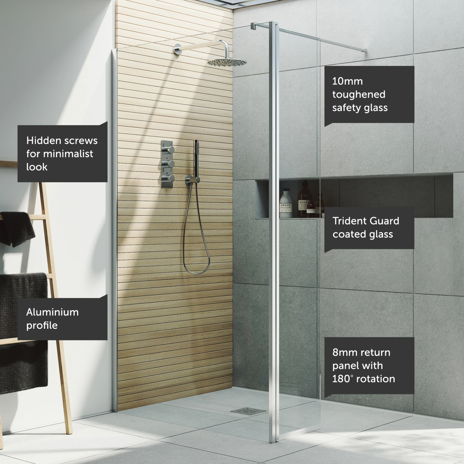 Harbour I10 10mm Easy Clean 2m Tall 700mm Wetroom Panel & 300mm Hinged Return Panel - Chrome 7 Harbour I10 10mm Easy Clean 2m Tall 700mm Wetroom Panel & 300mm Hinged Return Panel - Chrome - Image 5