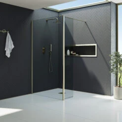 Harbour I10 10mm Easy Clean 2m Tall 1100mm Wetroom Panel & Hinged Return Panel - Brushed Brass -Vado Sale Store harbour i10 shower panel with return panel brass room set