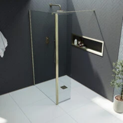 Harbour I10 10mm Easy Clean 2m Tall 1100mm Wetroom Panel & Hinged Return Panel - Brushed Brass -Vado Sale Store harbour i10 shower panel with return panel brass top