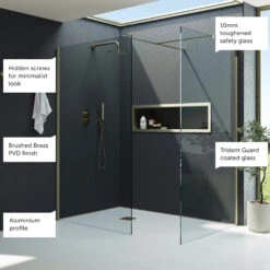 Harbour I10 10mm Easy Clean 2m Tall Wetroom 2 Panel Pack 760mm X 700mm - Brushed Brass -Vado Sale Store harbour i10 shower two panel enclosure brass feature call outs v2