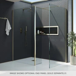 Harbour I10 10mm Easy Clean 2m Tall 1100mm Wetroom Panel & Hinged Return Panel - Brushed Brass -Vado Sale Store harbour i10 shower two panels with return brass banner 2