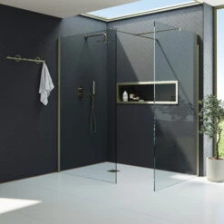 Harbour I10 10mm Easy Clean 2m Tall Wetroom 2 Panel Pack 760mm X 700mm - Brushed Brass -Vado Sale Store harbour i10 two panel shower enclosure brass room set