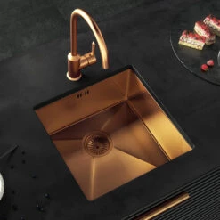 Vellamo Designer Single Bowl Inset/Undermount Brushed Gold Stainless Steel Kitchen Sink & Waste - 440 X 440mm -Vado Sale Store harbour icon brushed copper kitchen sink mixer lifestyle 2