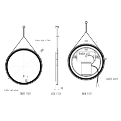Harbour Status LED Illuminated Black Frame Round Mirror With Demister Pad, Colour Change LEDs & Strap - 600mm 11 Harbour Status LED Illuminated Black Frame Round Mirror With Demister Pad, Colour Change LEDs & Strap - 600mm -Vado Sale Store harbour status 600mm led black round mirror with strap technical drawing