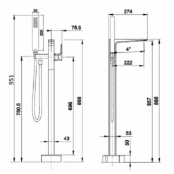 Harbour Status Floorstanding Bath Shower Mixer - Brushed Brass -Vado Sale Store harbour status freestanding bath shower mixer brushed brass technichal drawing