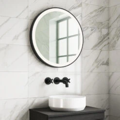 Harbour Status LED Illuminated Black Frame Round Mirror With Demister Pad & Colour Change LEDs - 800mm -Vado Sale Store harbour status led black frame round mirror 600mm day lifestyle