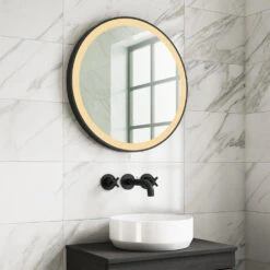 Harbour Status LED Illuminated Black Frame Round Mirror With Demister Pad & Colour Change LEDs - 800mm -Vado Sale Store harbour status led black frame round mirror 600mm warm lifestyle