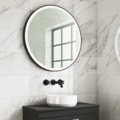 Harbour Status LED Illuminated Black Frame Round Mirror With Demister Pad & Colour Change LEDs - 800mm -Vado Sale Store harbour status led black frame round mirror 800mm day lifestyle
