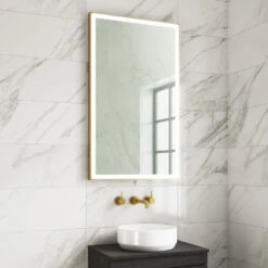 Harbour Status LED Illuminated Brushed Brass Framed Mirror With Demister Pad, Bluetooth & Colour Change LEDs - 600 X 1000mm 8 Harbour Status LED Illuminated Brushed Brass Framed Mirror With Demister Pad, Bluetooth & Colour Change LEDs - 600 X 1000mm -Vado Sale Store harbour status led brushed brass rectangular mirror bright lifestyle