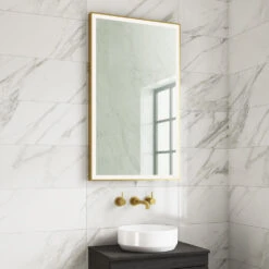 Harbour Status LED Illuminated Brushed Brass Framed Mirror With Demister Pad, Bluetooth & Colour Change LEDs - 600 X 1000mm