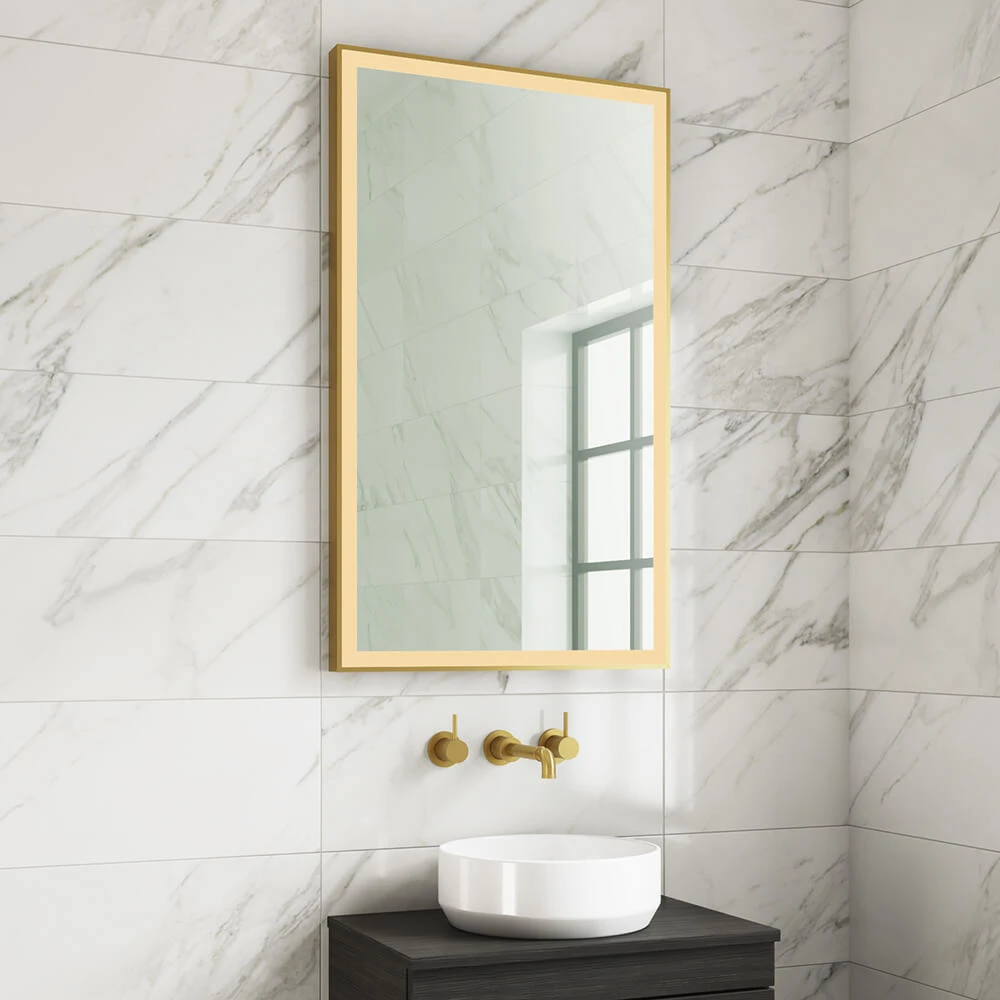 Harbour Status LED Illuminated Brushed Brass Framed Mirror With Demister Pad, Bluetooth & Colour Change LEDs - 600 X 1000mm 4 Harbour Status LED Illuminated Brushed Brass Framed Mirror With Demister Pad, Bluetooth & Colour Change LEDs - 600 X 1000mm - Image 2