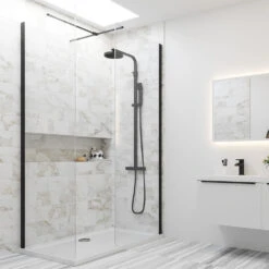 Harbour Status Matt Black Framed Easy Clean 8mm Walk In Shower Enclosure - 800mm Front Panel & 800mm End Panel