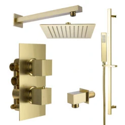 Harbour Status Brushed Brass Shower Package With 2 Outlet Valve, Fixed Head & Arm And Slide Rail Shower Kit 6 Harbour Status Brushed Brass Shower Package With 2 Outlet Valve, Fixed Head & Arm And Slide Rail Shower Kit -Vado Sale Store harbour status shower valve head arm and slide rail kit brushed brass pack cutout