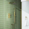 Harbour Status Brushed Brass Shower Package With 2 Outlet Valve, Fixed Head & Arm And Slide Rail Shower Kit 2 Harbour Status Brushed Brass Shower Package With 2 Outlet Valve, Fixed Head & Arm And Slide Rail Shower Kit -Vado Sale Store harbour status shower valve head arm and slide rail kit brushed brass pack lifestyle