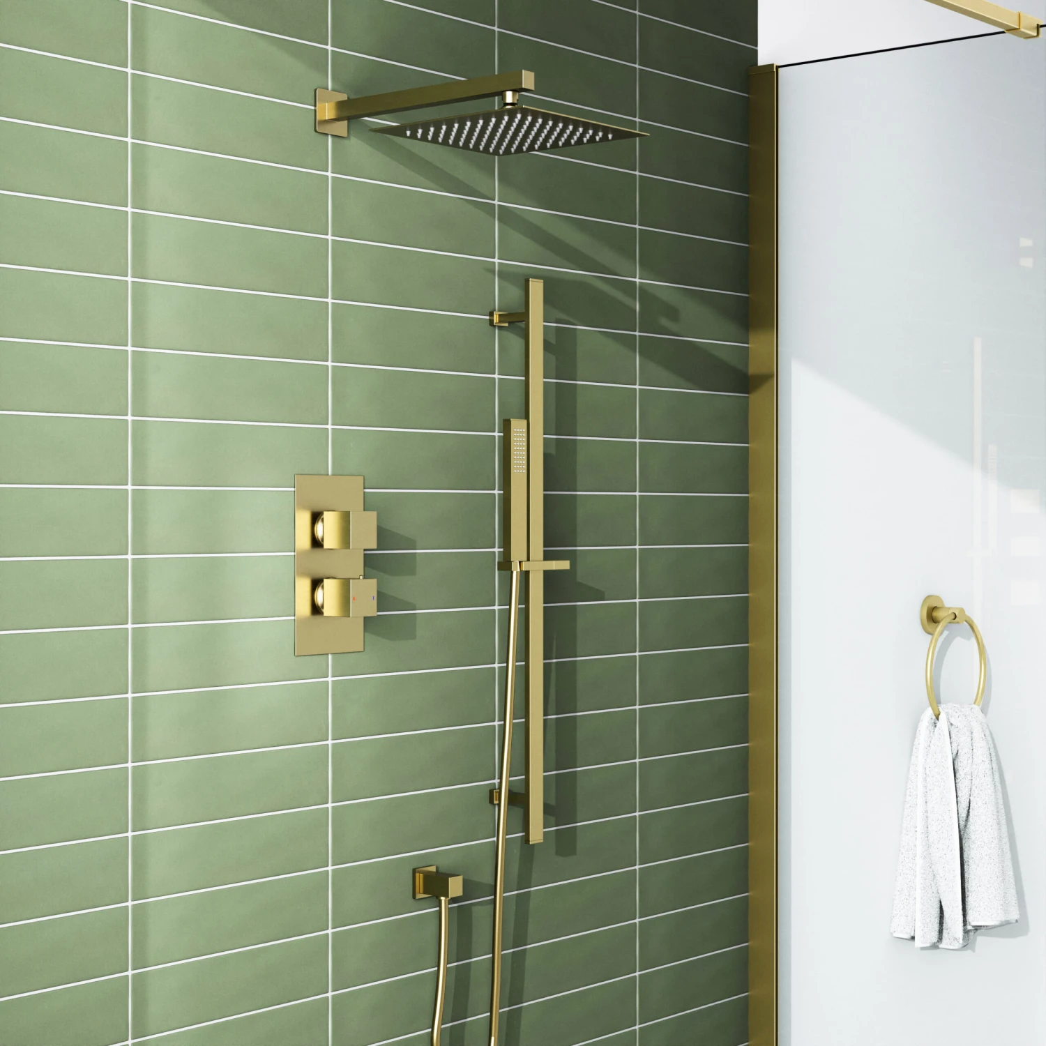Harbour Status Brushed Brass Shower Package With 2 Outlet Valve, Fixed Head & Arm And Slide Rail Shower Kit 3 Harbour Status Brushed Brass Shower Package With 2 Outlet Valve, Fixed Head & Arm And Slide Rail Shower Kit