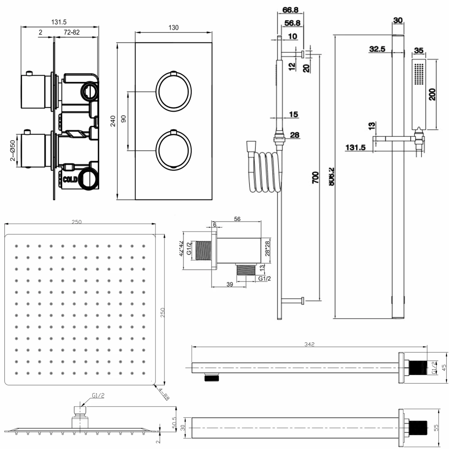 Harbour Status Brushed Brass Shower Package With 2 Outlet Valve, Fixed Head & Arm And Slide Rail Shower Kit 5 Harbour Status Brushed Brass Shower Package With 2 Outlet Valve, Fixed Head & Arm And Slide Rail Shower Kit - Image 3