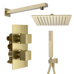 Harbour Status Brushed Brass Shower Package With 2 Outlet Valve, Fixed Head & Arm And Wall Shower Kit 6 Harbour Status Brushed Brass Shower Package With 2 Outlet Valve, Fixed Head & Arm And Wall Shower Kit -Vado Sale Store harbour status shower valve head arm and wall handset brushed brass pack cutout