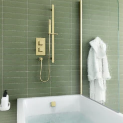 Harbour Status Brushed Brass Shower Package With 2 Outlet Valve, Slide Rail Kit And Overflow Bath Filler