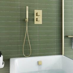 Harbour Status Brushed Brass Shower Package With 2 Outlet Valve, Wall Shower Kit And Overflow Bath Filler