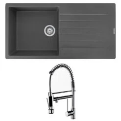 Reginox Harlem 1 Bowl Grey Silvery Granite Composite Sink & Waste Kit And Vellamo Hanbury Pull Out Mono Kitchen Mixer