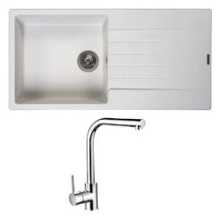 Reginox Harlem 1 Bowl White Granite Composite Sink & Waste Kit And Vellamo Savu Pull Out Mono Kitchen Mixer