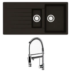 Reginox Harlem 1.5 Bowl Black Silvery Granite Composite Sink & Waste Kit And Vellamo Hanbury Pull Out Mono Kitchen Mixer