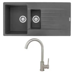 Reginox Harlem 1.5 Bowl Grey Silvery Granite Composite Sink & Waste Kit And Vellamo Revolve Stainless Steel Mono Kitchen Mixer
