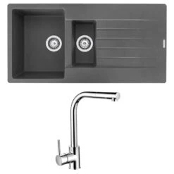 Reginox Harlem 1.5 Bowl Grey Silvery Granite Composite Sink & Waste Kit And Vellamo Savu Pull Out Mono Kitchen Mixer