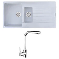 Reginox Harlem 1.5 Bowl White Granite Composite Sink & Waste Kit And Vellamo Savu Pull Out Mono Kitchen Mixer