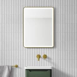 HIX LED Illuminated Brushed Brass Framed Mirror With Demister Pad & Colour Change Lights - 600 X 800mm 16 HIX LED Illuminated Brushed Brass Framed Mirror With Demister Pad & Colour Change Lights - 600 X 800mm -Vado Sale Store hix rectangular mirror led illuminated brushed brass lifestyle
