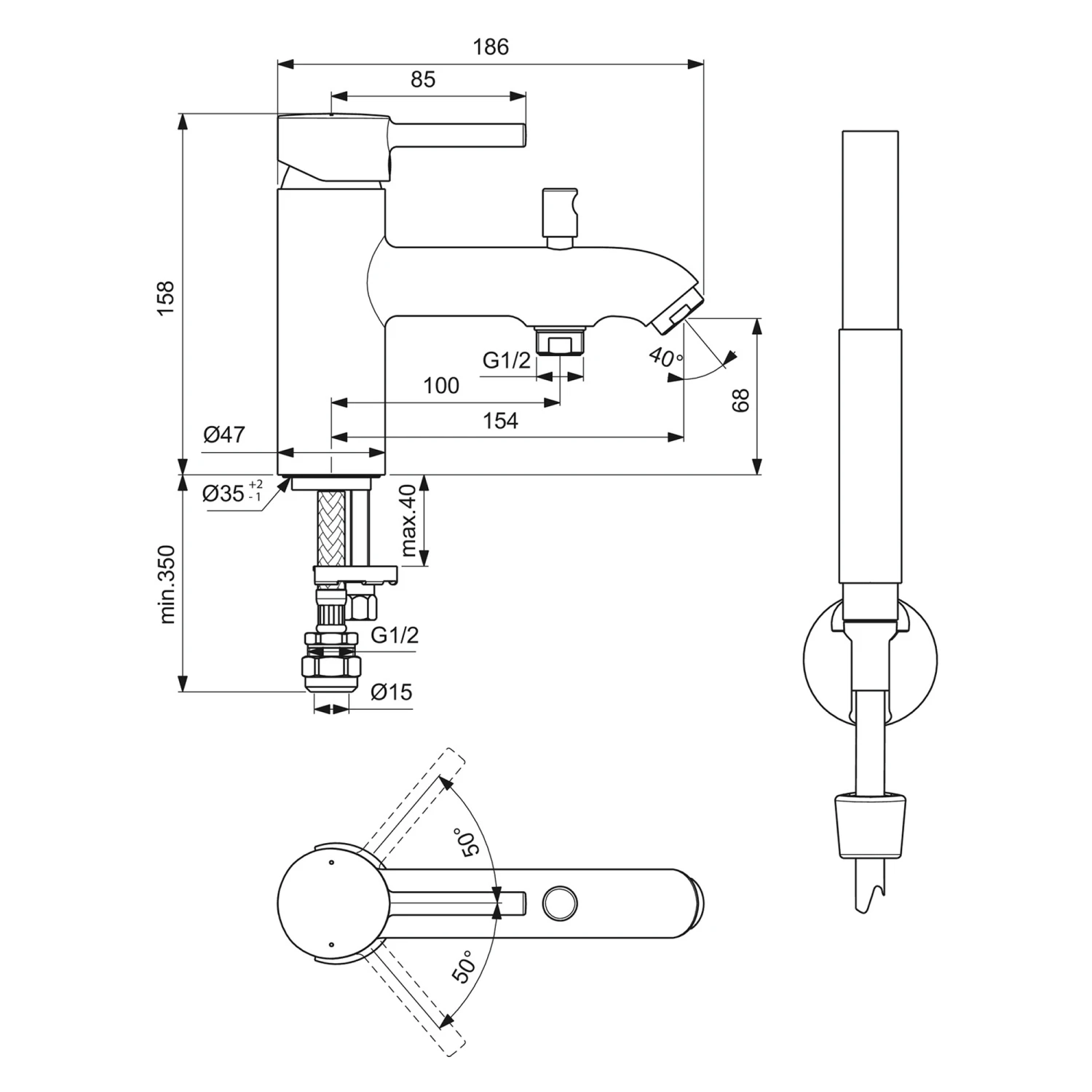Ideal Standard Ceraline Mono Deck Mounted Bath Mixer & Shower Handset 8 Ideal Standard Ceraline Mono Deck Mounted Bath Mixer & Shower Handset - Image 6