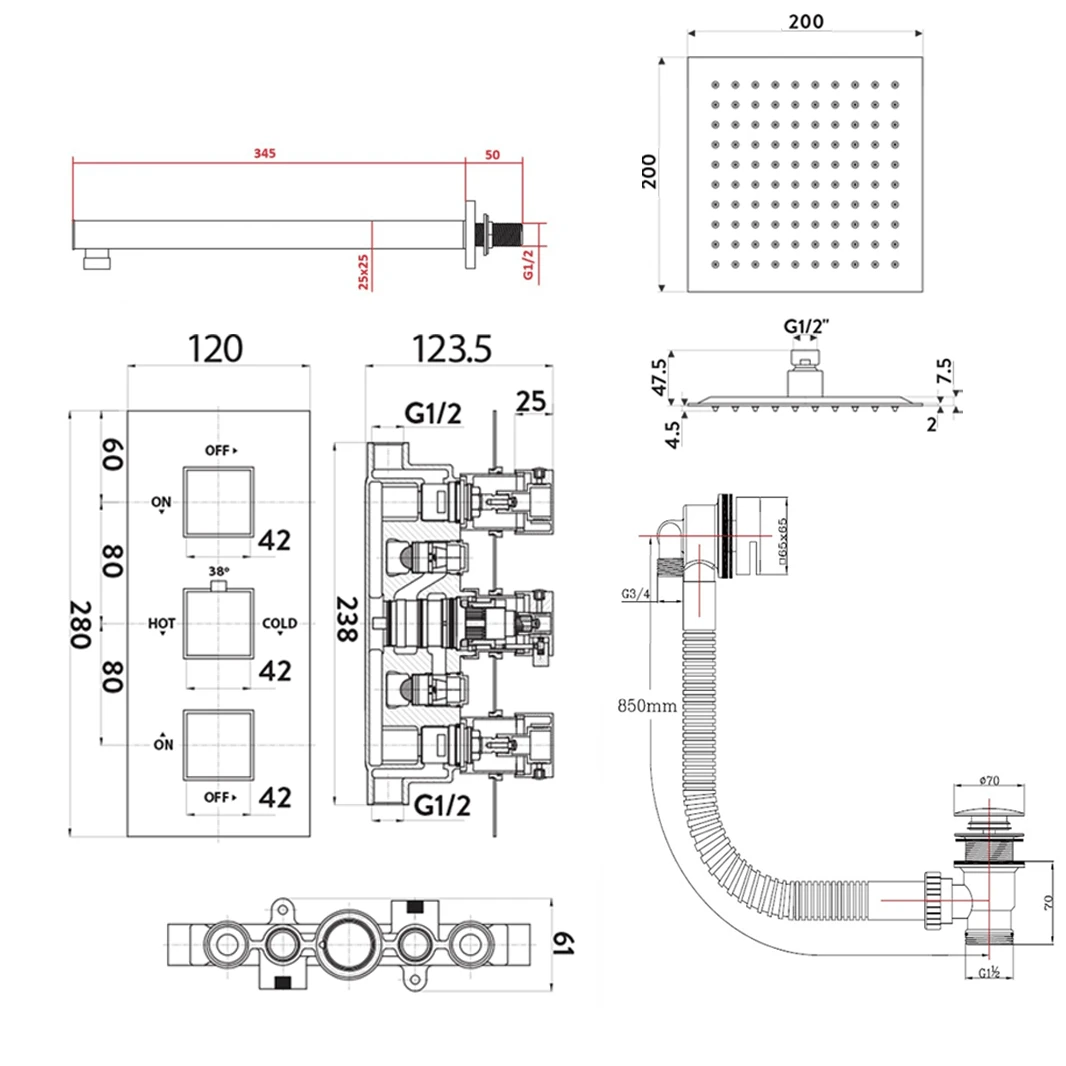Jake Concealed Shower Valve, 400mm Fixed Shower Head, 360mm Ceiling Shower Arm & Overflow Bath Filler 8 Jake Concealed Shower Valve, 400mm Fixed Shower Head, 360mm Ceiling Shower Arm & Overflow Bath Filler - Image 6