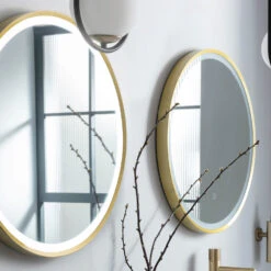 VOS LED Illuminated Round Brushed Brass Framed Mirror With Demister Pad & Colour Change Lights - 600mm 18 VOS LED Illuminated Round Brushed Brass Framed Mirror With Demister Pad & Colour Change Lights - 600mm -Vado Sale Store just taps vos brushed brass 600mm mirror light demister lifestyle 2
