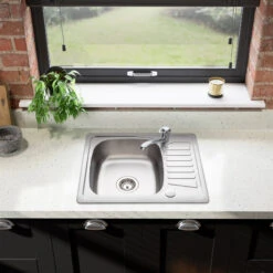 Leisure Compact Square 1 Bowl Satin Stainless Steel Sink With Reversible Drainer 580 X 480mm -Vado Sale Store leisure compact 1 bowl ss 580 480 lifestyle