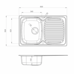 Leisure Linear Compact 1 Bowl Satin Stainless Steel Sink & Waste Kit With Reversible Drainer - 800 X 508mm -Vado Sale Store leisure linear compact 1 bowl stainless steel sink technical drawing