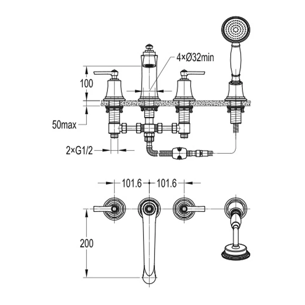 Flova Liberty 4 Hole Deck Mounted Bath Shower Mixer With Pull Out Handset - Oil Rubbed Bronze 6 Flova Liberty 4 Hole Deck Mounted Bath Shower Mixer With Pull Out Handset - Oil Rubbed Bronze - Image 4