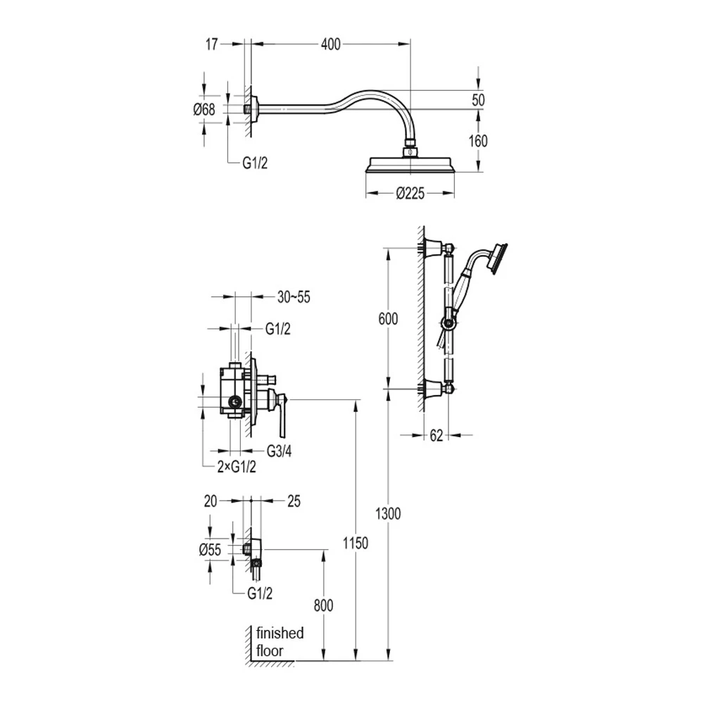 Flova Liberty Concealed Manual Mixer Valve With Overhead Shower & Slide Rail Kit - Chrome 10 Flova Liberty Concealed Manual Mixer Valve With Overhead Shower & Slide Rail Kit - Chrome - Image 8