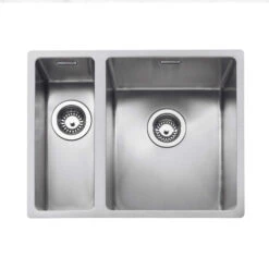 Caple Mode 1.5 Bowl Inset Or Undermount Brushed Stainless Steel Sink & Waste Kit With Right Hand Small Bowl - 555 X 440mm -Vado Sale Store mode3415l cutout