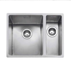 Caple Mode 1.5 Bowl Inset Or Undermount Brushed Stainless Steel Sink & Waste Kit With Right Hand Small Bowl - 555 X 440mm -Vado Sale Store mode3415r cutout