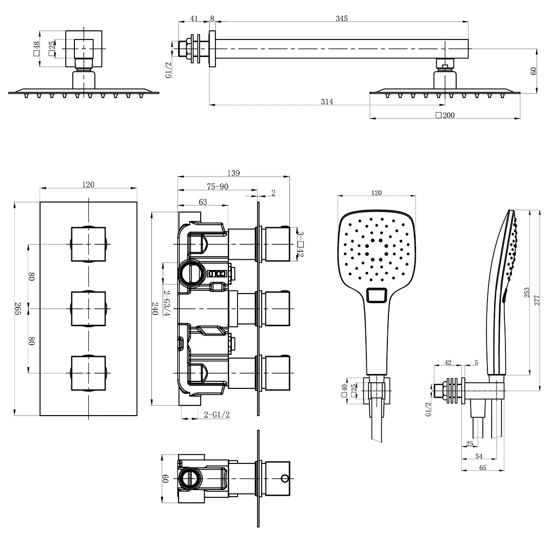 Noir Matt Black Square Concealed Shower System With Fixed Head & Wall Mounted Shower Handset 6 Noir Matt Black Square Concealed Shower System With Fixed Head & Wall Mounted Shower Handset - Image 4