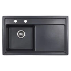 Thomas Denby Opus Compact 1 Bowl Basalt Satin Ceramic Kitchen Sink & Artisan Brass Presto Automatic Waste With Right Hand Drainer - 860 X 510mm