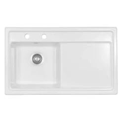 Thomas Denby Opus Compact 1 Bowl White Ceramic Kitchen Sink & Artisan Brass Presto Automatic Waste With Right Hand Drainer - 860 X 510mm