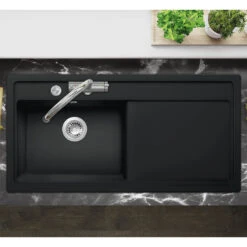 Thomas Denby Opus XL 1 Bowl Black Satin Ceramic Kitchen Sink & Matt Black Presto Automatic Waste With Left Hand Drainer - 1000 X 510mm