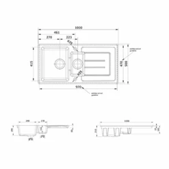 Rangemaster Austell 1.5 Bowl White Fireclay Ceramic Kitchen Sink & Waste Kit With Reversible Drainer - 1000 X 500mm -Vado Sale Store rangemaster austell 1.5 bowl white ceramic sink technical drawing