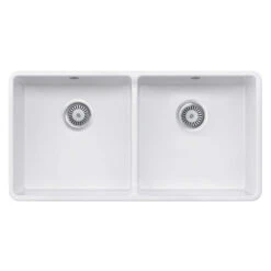 Rangemaster Double Belfast Large 2 Bowl White Ceramic Kitchen Sink & Waste Kit - 895 X 460mm -Vado Sale Store rangemaster double belfast 2 bowl white sink 895 400 cutout2