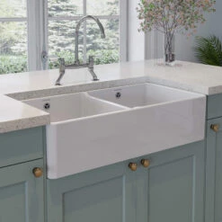 Rangemaster Double Belfast Large 2 Bowl White Ceramic Kitchen Sink & Waste Kit - 895 X 460mm -Vado Sale Store rangemaster double belfast 2 bowl white sink 895 400 lifestyle