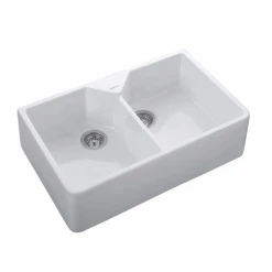 Rangemaster Double Belfast 2 Bowl White Fire Clay Ceramic Sink - 800 X 500mm
